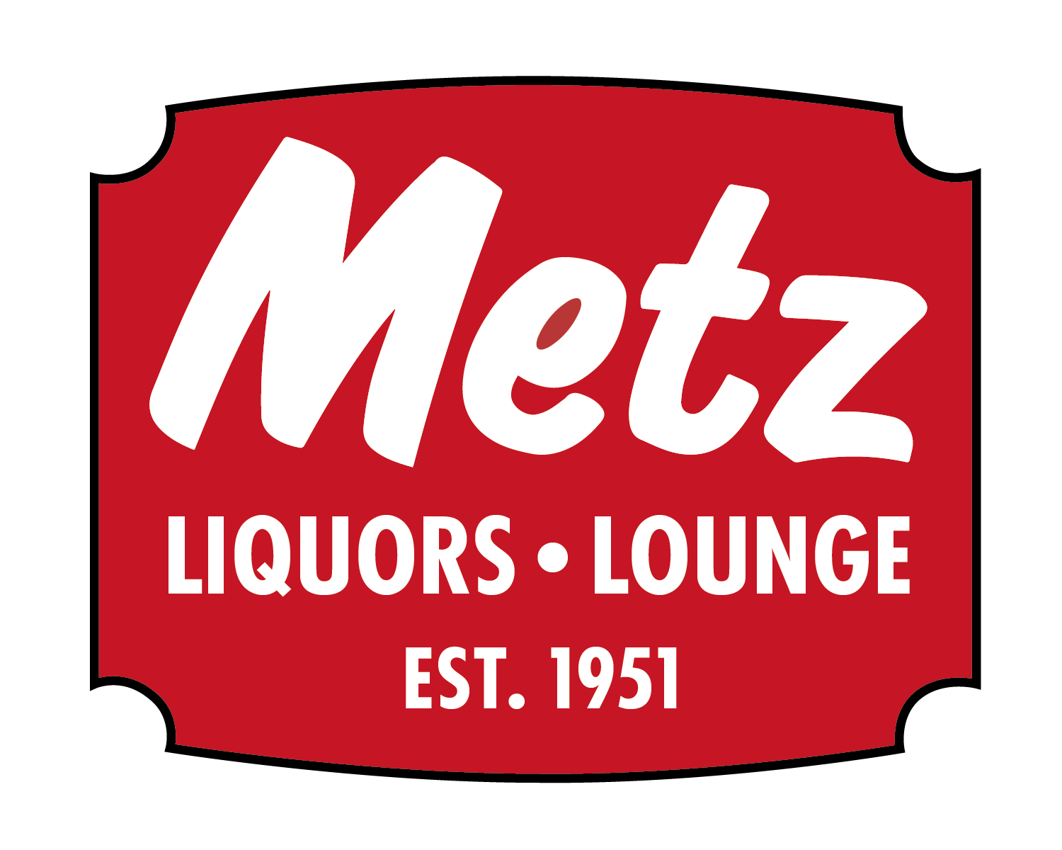 Metz Liquors & Lounge. Established in 1951 Logo. Red banner with "Metz" written in a calligraphic font.